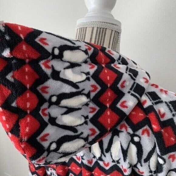 NEW‎ Vera Bradley Plush Hooded Robe Womens Small Medium Penguins Intarsia Tie - Picture 7 of 12